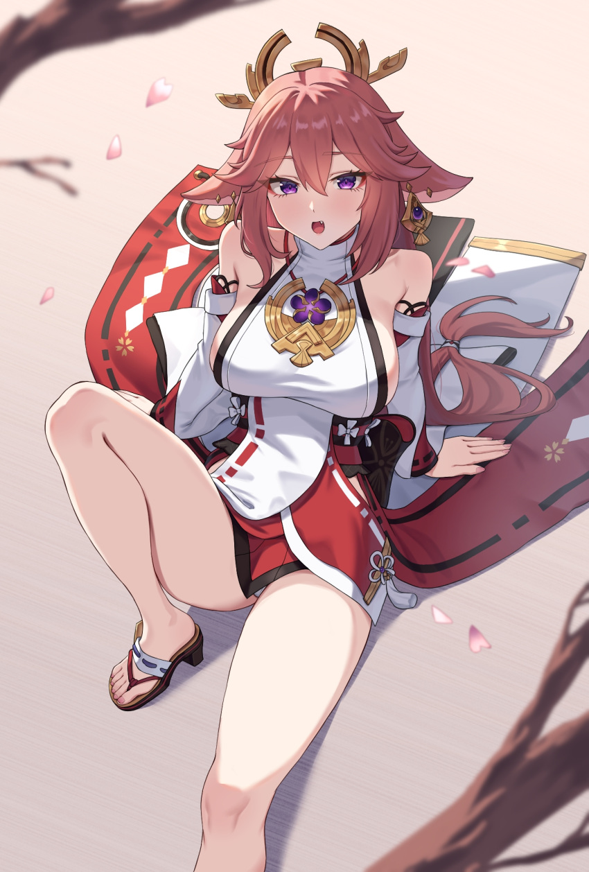 animal_ears bare_legs bare_shoulders breasts cherry_blossoms detached_sleeves earrings feet female floppy_ears foot_out_of_frame fox fox_ears genshin_impact highres japanese_clothes jewelry kadokadokado knee_up large_breasts legs long_hair looking_at_viewer nail_polish nontraditional_miko okobo open_mouth outdoors panties pantyshot pink_hair purple_eyes sandals sideboob sitting solo toenail_polish toenails toes underwear vision_(genshin_impact) white_panties wide_sleeves yae_miko