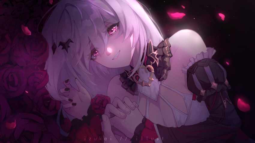 1other bare_shoulders black_nails black_sleeves commentary detached_sleeves english_commentary female flower hair_between_eyes highres holding_hands honkai_(series) honkai_impact_3rd interlocked_fingers izukei layered_sleeves long_hair long_sleeves nail_polish petals puffy_short_sleeves puffy_sleeves red_eyes red_flower red_rose rose rose_petals second-party_source short_over_long_sleeves short_sleeves sleeves_past_wrists smile solo_focus theresa_apocalypse theresa_apocalypse_(luna_kindred) theresa_apocalypse_(lunar_vow:_crimson_love) white_hair