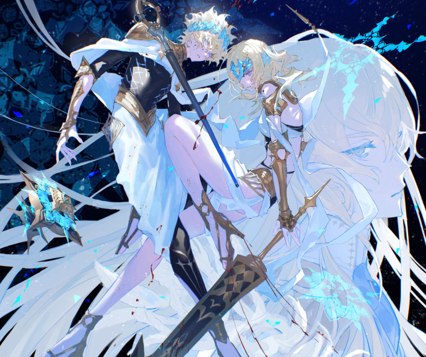 2boys armor ascot black_leggings black_shirt blonde_hair blood blood_on_face blue_ascot blue_brooch brother_and_sister cape castor_(fate) chakram closed_mouth collar commentary diadem fate/grand_order fate_(series) feathers female floating floating_object floating_sword floating_weapon gauntlets gold_footwear grey_eyes hair_between_eyes high_collar high_heels highres jacket kirschtaria_wodime knee_up leggings light_particles long_hair looking_at_viewer looking_down looking_to_the_side metal_collar multiple_boys outstretched_hand parted_lips pollux_(fate) purple_eyes robe sandals shirt short_hair shoulder_armor siblings staff sword twins twintails uda_(xax_057) weapon white_cape white_feathers white_jacket white_robe