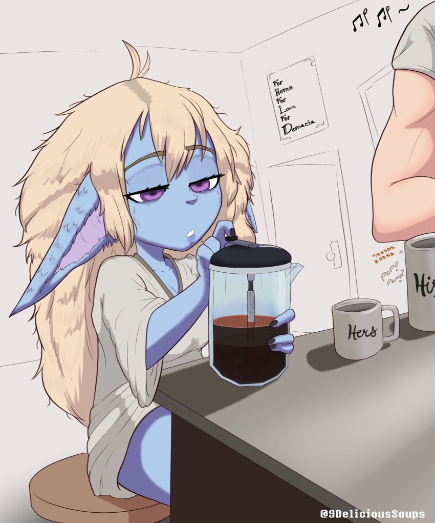 2021 absurd_res ahoge beverage big_ears blonde_hair blue_body blue_fur breasts clothing coffee colored_nails container cup delicioussoup duo ears_down eyelashes female fur grey_clothing grey_nails grey_shirt grey_topwear hair hi_res human humanoid humanoid_pointy_ears league_of_legends long_hair male mammal musical_note nails pivoted_ears poppy_(lol) purple_eyes riot_games shirt sitting tencent text topwear yordle