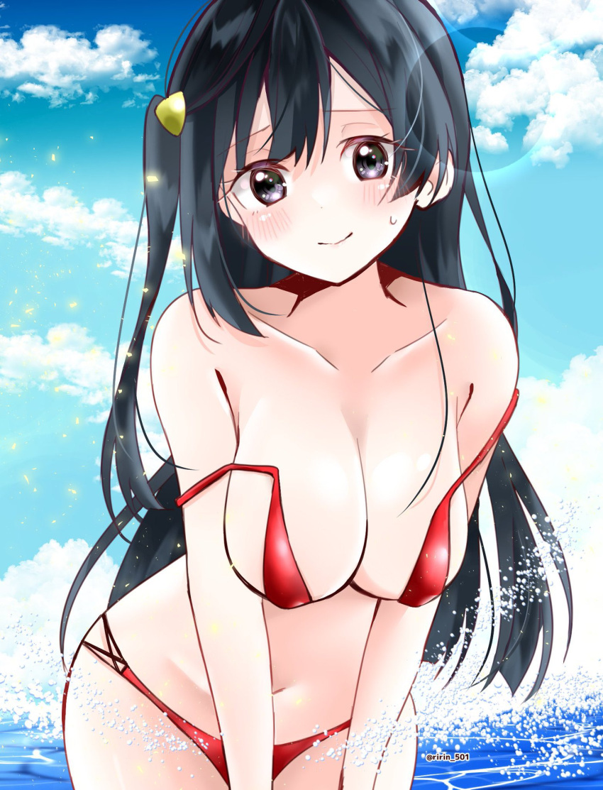 bikini black_hair blue_sky blush breasts closed_mouth cloud female groin highleg highres large_breasts long_hair looking_at_viewer love_live! love_live!_nijigasaki_high_school_idol_club navel ocean off_shoulder ribbon ririn_(ririn_501) sky smile solo sweatdrop swimsuit twitter_username yuki_setsuna_(love_live!)