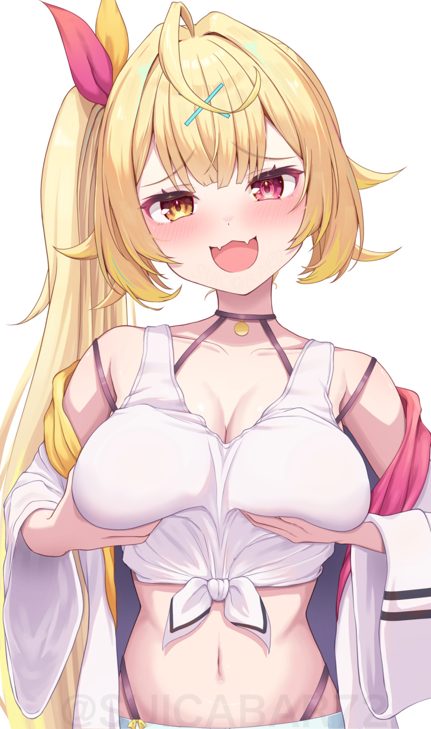 bare_shoulders blonde_hair breasts choker female grabbing_own_breast hair_ornament hair_ribbon heterochromia highres hoshikawa_sara hoshikawa_sara_(1st_costume) jacket large_breasts long_hair looking_at_viewer midriff navel nijisanji oerba_yun_fang open_mouth red_eyes ribbon side_ponytail skin_fang solo suicabar72 upper_body virtual_youtuber wide_sleeves x_hair_ornament yellow_eyes