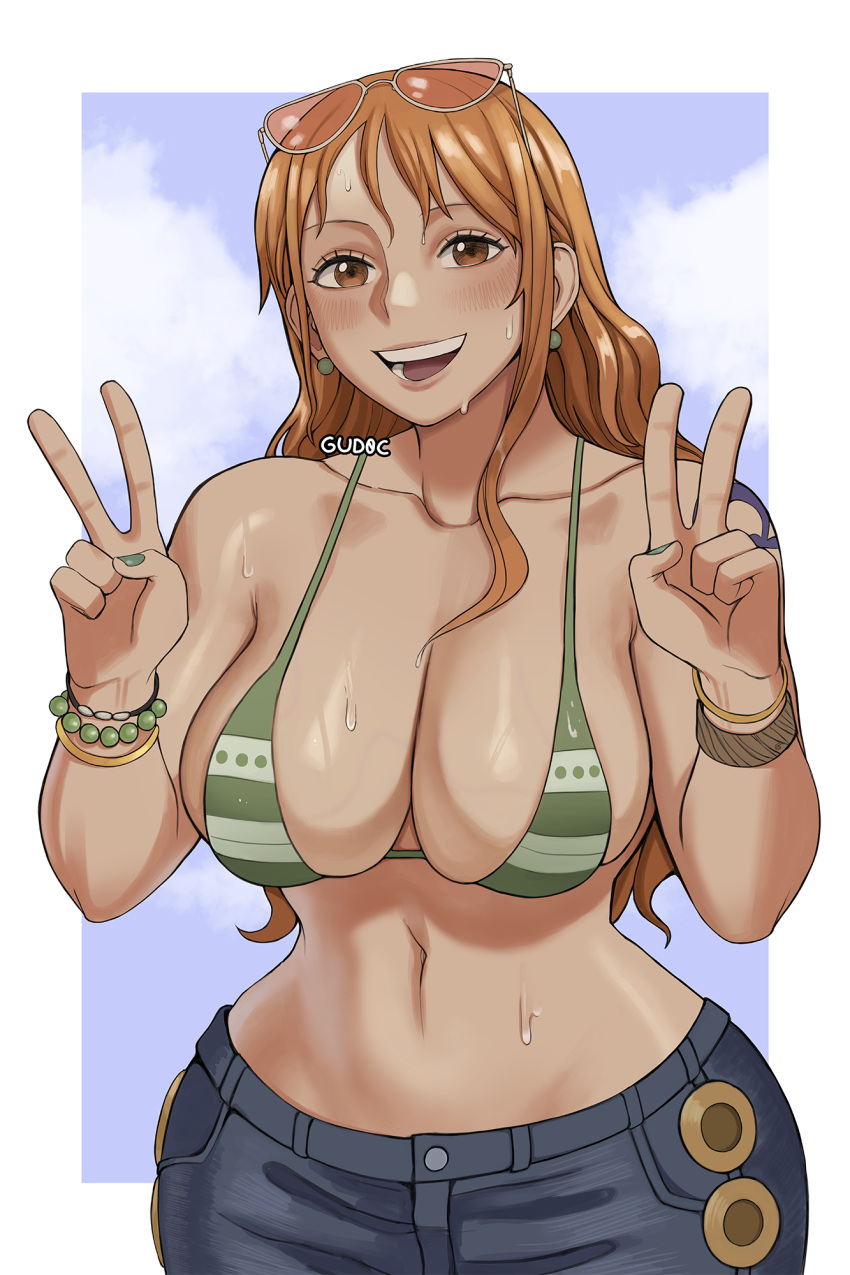 :d artist_name bikini bikini_top_only blush border bracelet breasts cleavage collarbone commentary double_v earrings english_commentary eyewear_on_head female green_nails gud0c highres jewelry large_breasts long_hair looking_at_viewer nami_(one_piece) navel one_piece open_mouth orange_eyes orange_hair paid_reward_available shoulder_tattoo smile solo sunglasses swimsuit tattoo teeth upper_body v wet white_border wide_hips