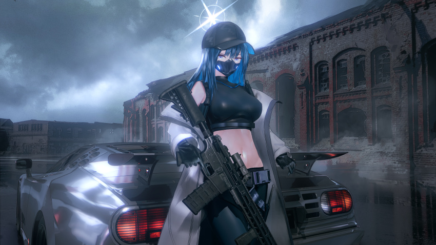 absurdres ar-15 assault_rifle baseball_cap black_gloves black_hat black_mask black_pants black_shirt blue_archive blue_hair bugatti bugatti_eb_110 car cloud cloudy_sky coat crop_top female gloves gun halo hat highres holding holding_gun holding_weapon long_hair looking_at_viewer mask motor_vehicle mouth_mask navel outdoors pants purple_eyes rifle saori_(blue_archive) seymour_(sai_lu_er) shirt sky solo spoiler_(automobile) stomach weapon white_coat