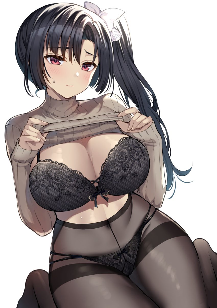 black_bra black_hair black_panties blush bra breasts cleavage clothes_lift commentary_request covered_navel female gakkou_de_seishun! gusset hair_ornament hair_ribbon high-waist_pantyhose highres kamino_saori lace-trimmed_bra lace_trim large_breasts lifting_own_clothes long_sleeves looking_at_viewer panties pantyhose red_eyes ribbon sanshoku_amido side_ponytail simple_background thighband_pantyhose underwear unworn_clothes white_ribbon