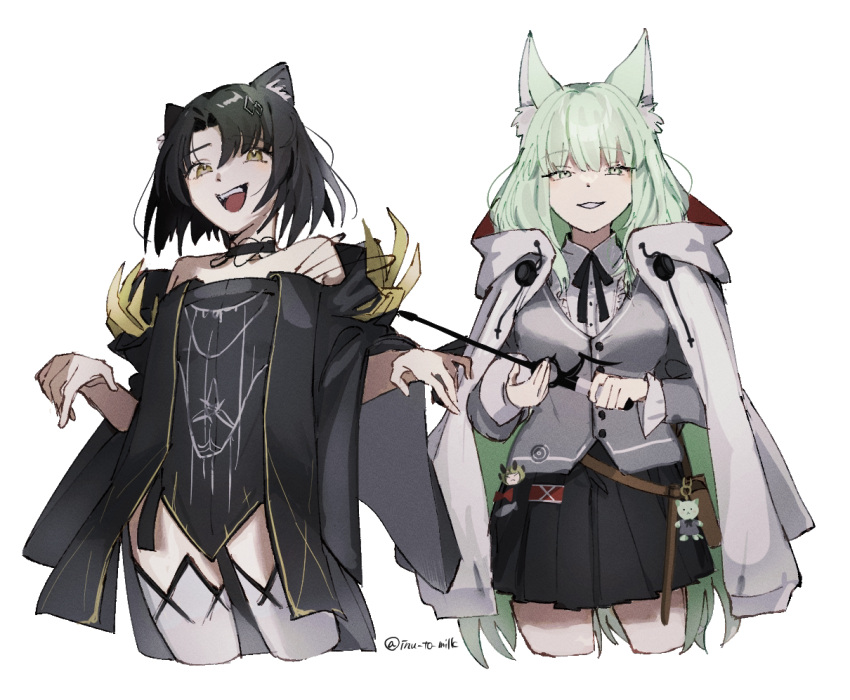 2girls :d animal_ear_fluff animal_ears arknights bare_shoulders black_dress black_hair black_ribbon black_skirt breasts cape cat_ears cat_girl character_charm character_doll charm_(object) collared_shirt cowboy_shot cropped_legs dress grey_vest hands_up harmonie_(arknights) hood hood_down hooded_cape inu_to_milk looking_at_viewer mandragora_(arknights) medium_hair multiple_girls neck_ribbon open_mouth parted_lips pleated_skirt reed_(arknights) ribbon shirt short_hair simple_background skirt small_breasts smile smug strapless strapless_dress teeth upper_teeth_only vest white_background white_cape white_shirt yellow_eyes