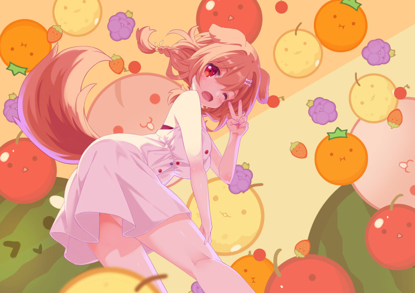 ._. 54hao :i ;d animal_ears apple ass bare_arms bare_shoulders bone_hair_ornament braid breasts brown_background brown_hair cartoon_bone cherry commentary dog_ears dog_girl dog_tail dress female food from_side fruit grapes hair_between_eyes hair_ornament hand_up highres hololive inugami_korone long_hair looking_at_viewer looking_to_the_side low_twintails medium_breasts multicolored_hair nashi_pear one_eye_closed parted_lips peach pear persimmon red_apple red_eyes sleeveless sleeveless_dress smile solo strawberry suika_game tail three_quarter_view twin_braids twintails two-tone_hair v virtual_youtuber watermelon