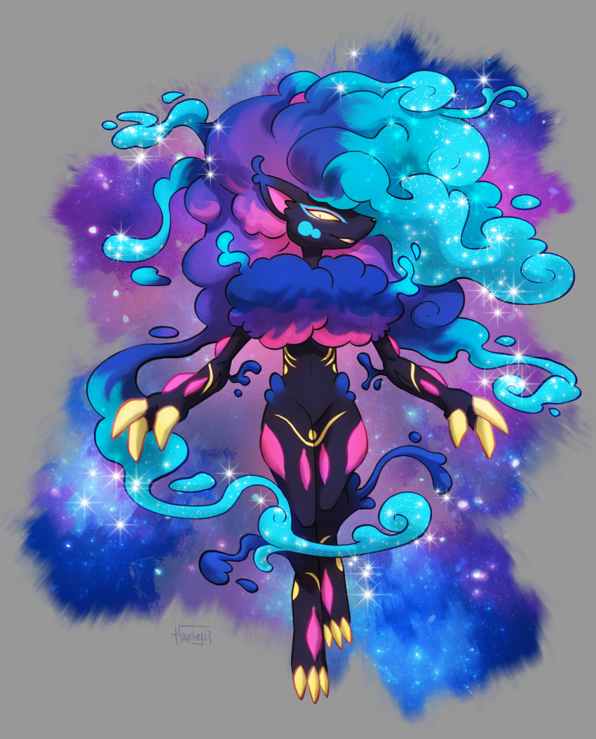 2023 absurd_res ambiguous_gender anthro biped black_body claws cosmic_background cosmic_hair cosmog ethereal_hair generation_5_pokemon generation_7_pokemon generation_8_pokemon haychel hi_res hisuian_form hisuian_zoroark hybrid legendary_pokemon nebula nintendo pokemon pokemon_(species) regional_form_(pokemon) solo zoroark