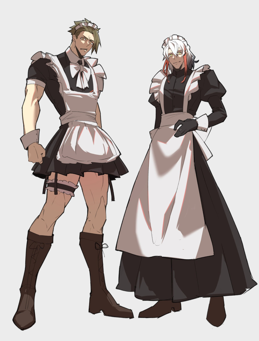 2boys achilles_(fate) alternate_costume apron black_dress black_gloves boots bow brown_footwear cross-laced_footwear crossdressing dress enmaided fate/grand_order fate_(series) full_body gloves grey_background grey_hair hair_between_eyes haruakira highres juliet_sleeves lace-up_boots long_dress long_sleeves maid maid_headdress male_focus multicolored_hair multiple_boys muscular muscular_male odysseus_(fate) puffy_sleeves short_dress short_hair short_sleeves smile streaked_hair undercut white_apron white_bow wrist_cuffs yellow_eyes