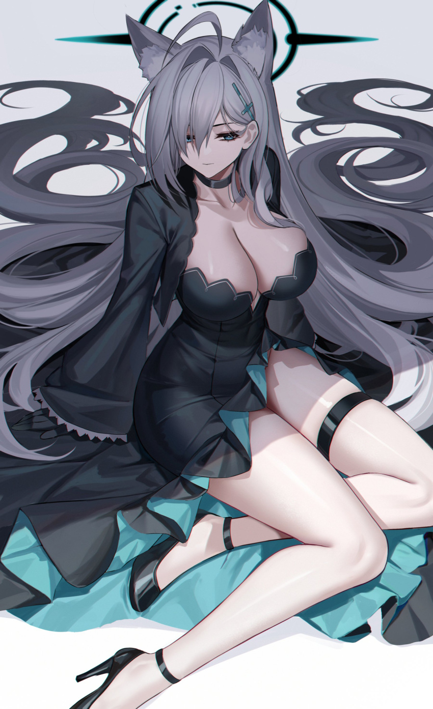 absurdres ahoge animal_ear_fluff animal_ears black_choker black_dress black_halo blue_archive blue_eyes breasts choker cleavage collarbone commentary_request cross_hair_ornament dress eternity_(shadeh) extra_ears female grey_hair hair_ornament halo highres large_breasts legs long_hair long_sleeves shiroko_(blue_archive) shiroko_terror_(blue_archive) sitting solo thigh_strap very_long_hair wolf_ears