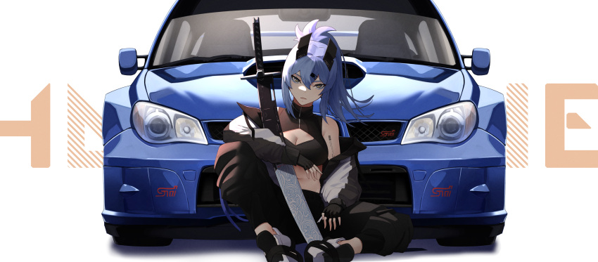 absurdres arm_tattoo black_gloves black_sports_bra blue_hair breasts car cleavage_cutout clothing_cutout female fingerless_gloves gloves grey_eyes hair_between_eyes highres jacket long_hair looking_at_viewer medium_breasts motor_vehicle off_shoulder open_clothes open_jacket original ponytail saki_(the_atko) sitting sitting_against_vehicle solo sports_bra subaru_(brand) subaru_impreza sword tattoo the_atko weapon