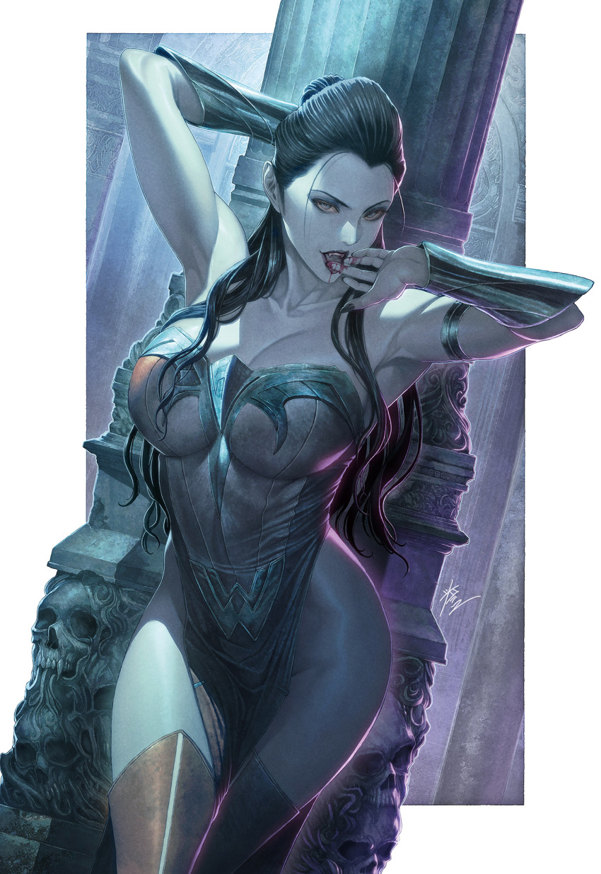 adapted_costume alternate_costume alternate_universe amazon_warrior architecture arm_behind_head black_hair blood boots border breasts dc_comics female gauntlets goth_fashion greco-roman_architecture highres homare_(fool's_art) large_breasts leotard licking licking_blood licking_finger long_hair official_alternate_costume official_art pelvic_curtain pillar red_footwear skull thigh_boots vampire white_border wonder_woman wonder_woman_(series)