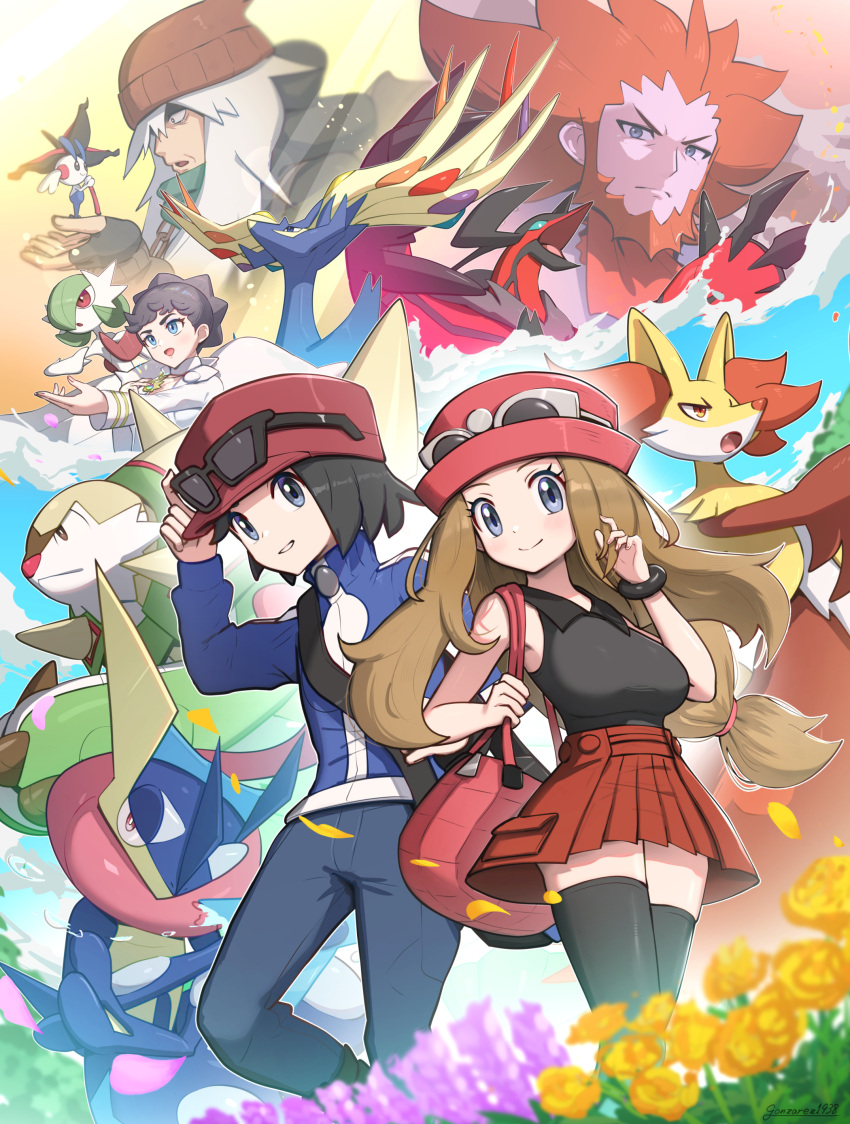 2girls 3boys absurdres az_(pokemon) bag beanie beard black_gloves black_hair black_thighhighs blonde_hair breasts calem_(pokemon) chesnaught closed_mouth delphox diantha_(pokemon) eyewear_on_headwear facial_hair fingerless_gloves floette floette_(eternal) gardevoir gloves gonzarez greninja hand_on_headwear hat highres jacket large_breasts lysandre_(pokemon) mega_gardevoir mega_pokemon miniskirt multiple_boys multiple_girls orange_hair pleated_skirt pokemon pokemon_(creature) pokemon_xy red_jacket red_skirt serena_(pokemon) skirt sleeveless smile thighhighs white_hair xerneas yveltal zettai_ryouiki