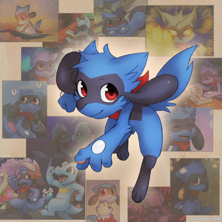 1:1 2023 4_fingers anthro biped blue_body blue_fur book fingers fur generation_2_pokemon generation_4_pokemon group haychel hi_res leon_(haychel) male male_anthro nintendo open_mouth open_smile pawpads pokemon pokemon_(species) question_mark riolu smile solo tail totodile vagus_(haychel)