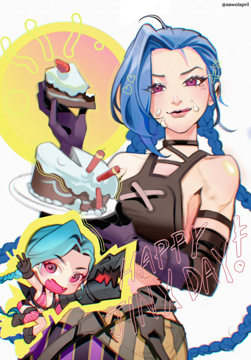 :d :q ahoge arcane:_league_of_legends arcane_jinx artist_name asymmetrical_bangs bare_shoulders blue_hair braid breasts cake cream cream_on_face fangs food food_on_face gloves happy_birthday heart highres holding holding_plate holding_rocket_launcher holding_weapon jinx_(league_of_legends) league_of_legends long_hair looking_at_viewer medium_breasts no_tattoo official_alternate_costume pink_eyes pink_thighhighs plate purple_gloves rocket_launcher sawolapril shiny_skin single_thighhigh smile thighhighs tongue tongue_out twin_braids v weapon white_background