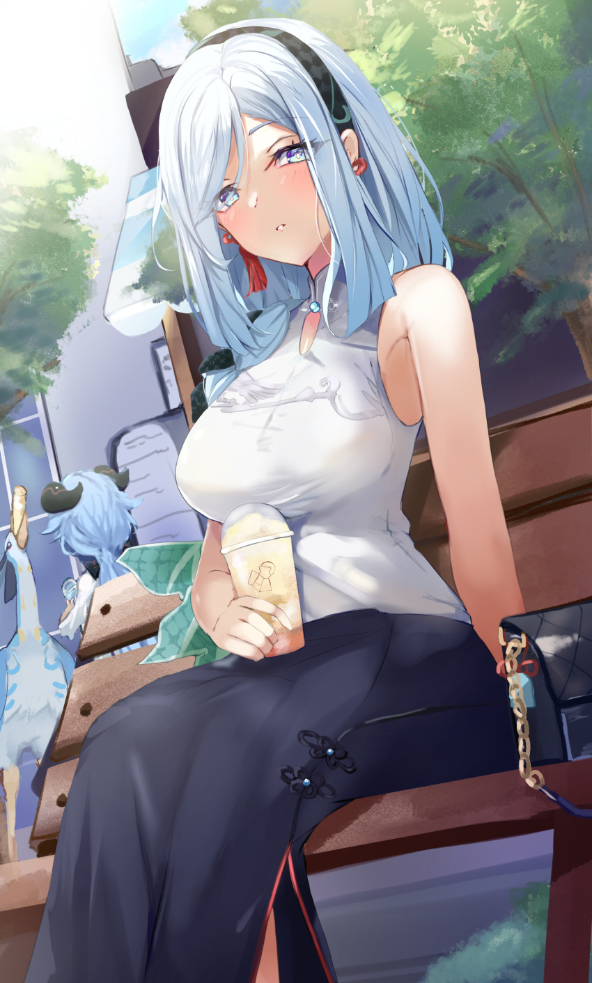 2girls absurdres bag bare_arms bare_shoulders bench bimmy bird blue_eyes blue_hair breasts bright_pupils casual cloud_retainer_(genshin_impact) commentary drink dutch_angle ganyu_(genshin_impact) ganyu_(heytea)_(genshin_impact) genshin_impact goat_horns hair_over_shoulder handbag high_collar highres horns large_breasts light_blue_hair long_hair long_skirt looking_at_viewer multiple_girls official_alternate_costume outdoors park_bench parted_bangs parted_hair parted_lips shenhe_(genshin_impact) shenhe_(heytea)_(genshin_impact) shirt sitting skirt sleeveless sleeveless_shirt solo_focus swept_bangs tree white_pupils xianyun_(genshin_impact)