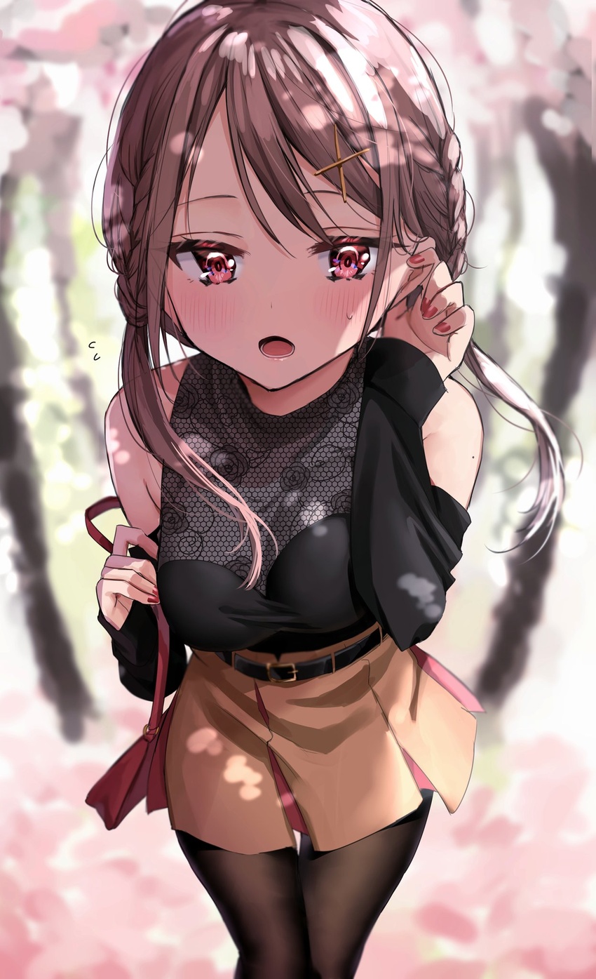 bag bare_shoulders belt belt_buckle black_belt black_pantyhose black_shirt blush braid breasts brown_hair brown_skirt buckle cherry_blossoms chigusa_minori clothing_cutout commentary_request cowboy_shot female hair_between_eyes hair_ornament highres kokoro_iroduku_koi_ga_shitai large_breasts legs_together long_hair long_sleeves looking_at_viewer lower_teeth_only mole mole_on_arm momiji_ayaka nail_polish open_mouth outdoors pantyhose red_bag red_eyes red_nails shirt shoulder_bag shoulder_cutout sidelocks skirt sleeves_past_wrists solo standing sweatdrop teeth tucking_hair twin_braids x_hair_ornament