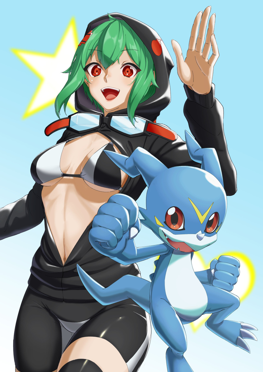 absurdres black_bra bra breasts clenched_hands digimon digimon_(creature) digimon_world_re:digitize female goggles goggles_around_neck green_hair highres hood hoodie jacket looking_at_viewer medium_hair navel open_clothes open_jacket open_mouth red_eyes romlow sharp_teeth shinomiya_rina small_breasts smile teeth two-tone_bra underwear v-mon waving white_bra wide_hips