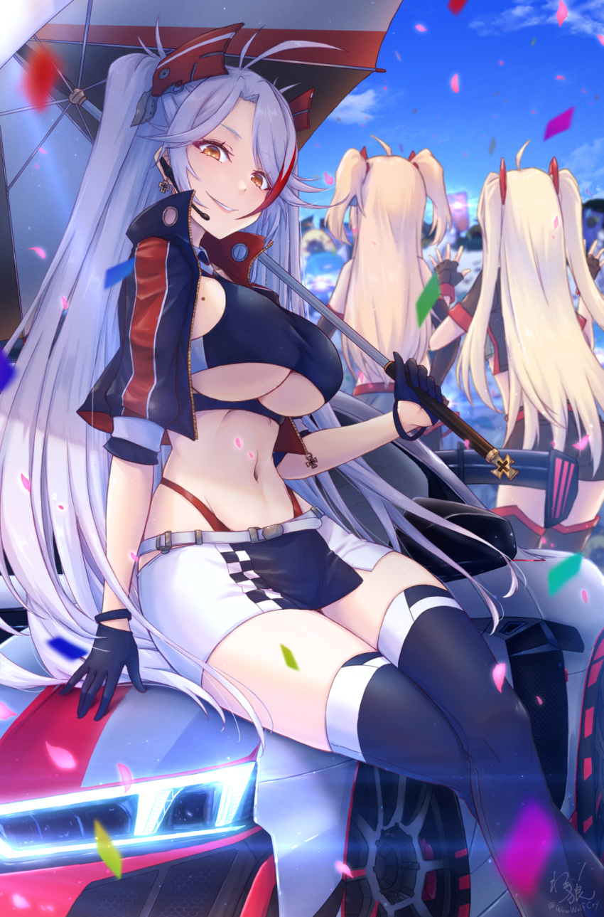 3girls admiral_hipper_(azur_lane) antenna_hair azur_lane belt blonde_hair bluecher_(azur_lane) breasts checkered_flag clothing_cutout confetti cropped_shirt earpiece earrings flag gloves half_gloves highres holding holding_umbrella jacket jewelry long_hair looking_at_viewer midriff mole multicolored_hair multiple_girls navel official_alternate_costume panties panty_straps prinz_eugen_(azur_lane) prinz_eugen_(final_lap)_(azur_lane) purple_jacket race_queen red_hair red_panties sideboob sitting sitting_on_car sitting_on_person smile streaked_hair thighhighs two-tone_skirt two_side_up umbrella underboob underboob_cutout underwear waa!_okami white_belt white_hair