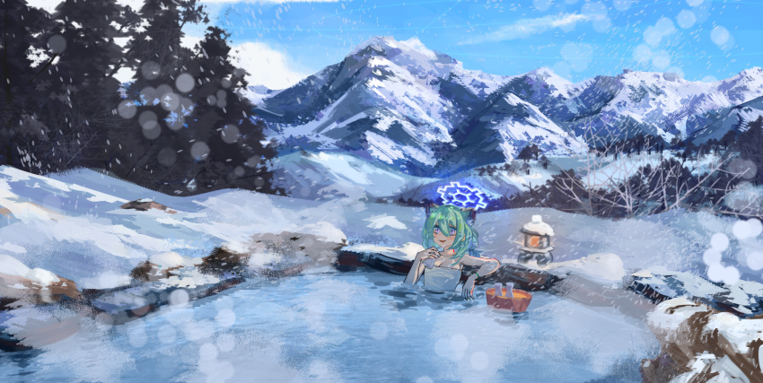 12cat absurdres blue_archive blue_halo day female green_hair hair_between_eyes halo highres naked_towel onsen open_mouth outdoors purple_eyes shigure_(blue_archive) shigure_(hot_spring)_(blue_archive) short_hair solo tokkuri towel water white_towel