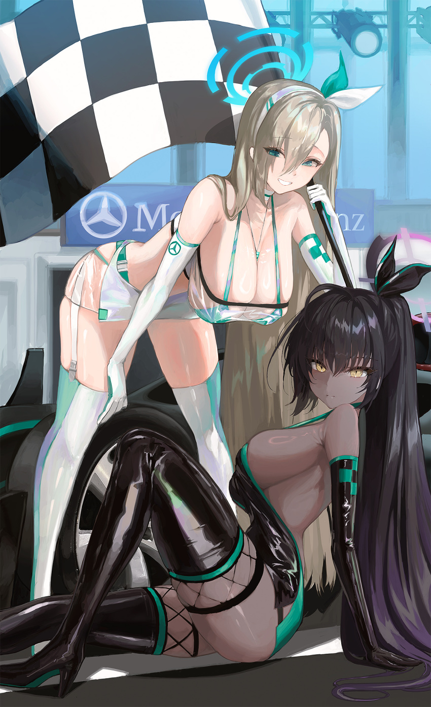 2girls alternate_costume asuna_(blue_archive) black_footwear black_gloves black_hair black_ribbon black_thighhighs blonde_hair blue_archive blue_eyes blue_halo boots breasts cleavage closed_mouth commentary dark-skinned_female dark_skin egoswans elbow_gloves eyes_visible_through_hair flag garter_straps gloves hair_over_one_eye hair_ribbon hairband halo highres holding holding_flag karin_(blue_archive) large_breasts long_hair looking_at_viewer mercedes-benz multiple_girls ponytail purple_halo race_queen ribbon sideboob sitting smile standing thigh_boots thighhighs white_footwear white_hairband white_ribbon white_thighhighs yellow_eyes