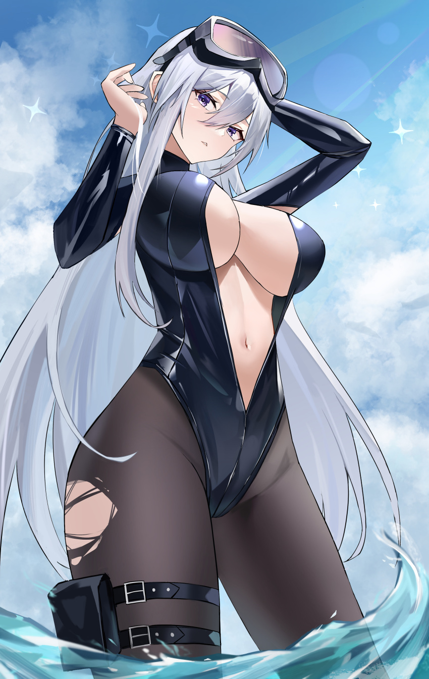 absurdres azur_lane black_pantyhose blue_eyes breasts enterprise_(azur_lane) enterprise_(diving_under_blue_skies)_(azur_lane) female from_below goggles goggles_on_head hai_binggan highres large_breasts long_hair looking_at_viewer navel official_alternate_costume one-piece_swimsuit outdoors pantyhose parted_lips pouch solo swimsuit thigh_pouch thigh_strap thighs torn_clothes torn_pantyhose water white_hair