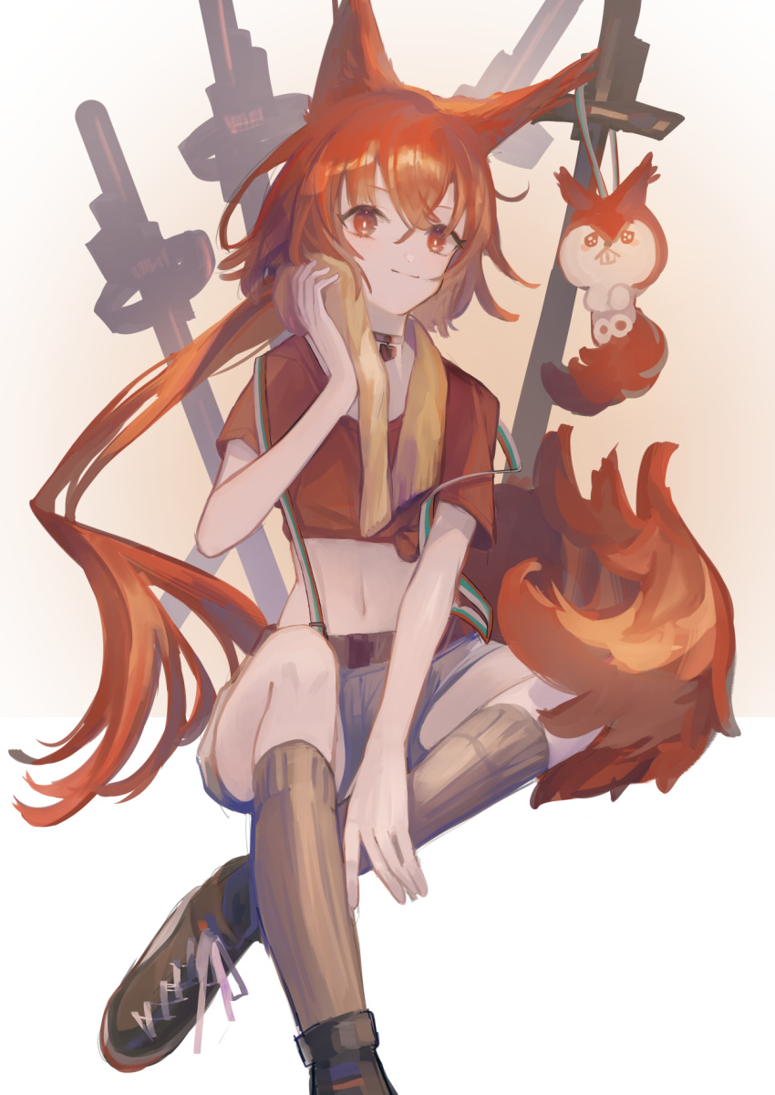 animal_ears arknights black_choker black_footwear brown_socks choker crop_top crossed_bangs crossed_legs female flametail_(arknights) flametail_(sport_for_all)_(arknights) foot_out_of_frame gradient_background grey_shorts hand_up hemorina highres kneehighs long_hair looking_at_viewer multiple_swords planted planted_sword red_eyes red_hair red_shirt shirt shoes shorts smile sneakers socks solo squirrel_ears squirrel_girl squirrel_tail stuffed_squirrel suspender_shorts suspenders sword tail tied_shirt towel towel_around_neck very_long_hair weapon white_background wiping_face yellow_background