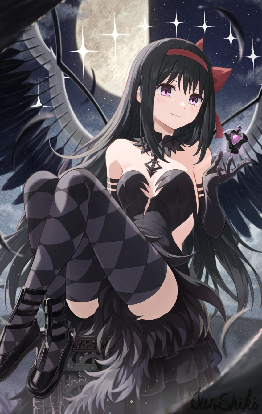 absurdres akemi_homura akuma_homura argyle_clothes argyle_legwear bare_shoulders black_feathers black_gloves black_hair black_thighhighs black_wings bow breasts chess_piece closed_mouth detached_collar elbow_gloves falling_feathers feathered_wings feathers female gloves hairband hairbow half_moon highres junshiki large_wings mahou_shoujo_madoka_magica mahou_shoujo_madoka_magica:_hangyaku_no_monogatari moon night night_sky purple_eyes red_bow red_hairband sitting sky small_breasts smile solo thighhighs wings