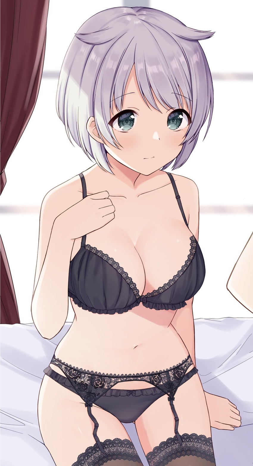 azusa_mifuyu black_bra black_panties bra breasts curtains female green_eyes grey_hair hair_between_eyes highres magia_record:_mahou_shoujo_madoka_magica_gaiden mahou_shoujo_madoka_magica medium_breasts mochiko_(uyu_omochi) navel panties short_hair solo stomach thighhighs underwear underwear_only