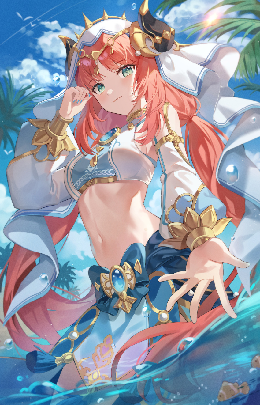 02bear20 absurdres blush breasts closed_mouth crop_top detached_sleeves fake_horns female genshin_impact highres horns jewelry long_hair long_sleeves looking_at_viewer medium_breasts navel neck_ring nilou_(genshin_impact) outdoors puffy_sleeves red_hair smile solo