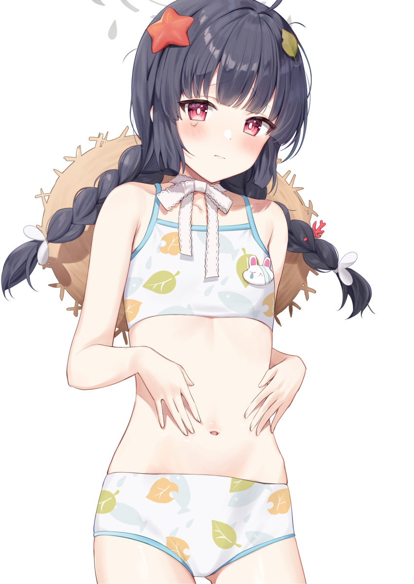 absurdres bikini black_hair blue_archive braid breasts closed_mouth female hair_between_eyes hair_ornament hat highres leaf_hair_ornament long_hair miyu_(blue_archive) miyu_(swimsuit)_(blue_archive) mochiko_(uyu_omochi) navel red_eyes small_breasts solo star_(symbol) star_hair_ornament stomach swimsuit tears twin_braids white_background