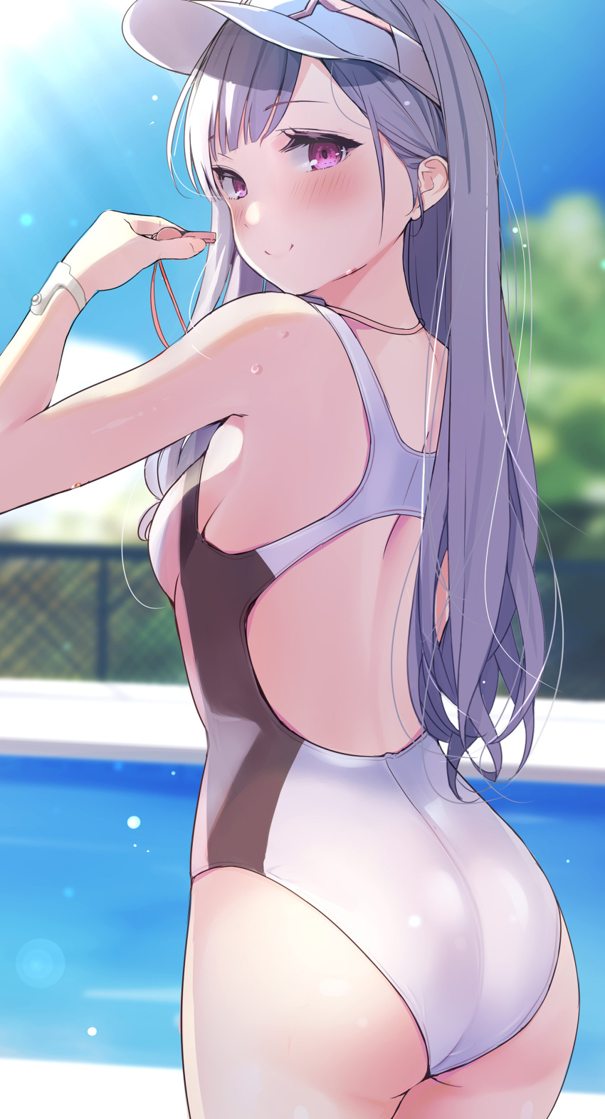 absurdres ass back_cutout blurry blurry_background blush breasts clothing_cutout competition_swimsuit female grey_hair highres holding holding_whistle idolmaster idolmaster_shiny_colors long_hair looking_at_viewer looking_back median_furrow medium_breasts multicolored_clothes multicolored_swimsuit nira_(vira) one-piece_swimsuit pink_eyes smile solo straight_hair sunlight swimsuit very_long_hair visor_cap whistle yukoku_kiriko