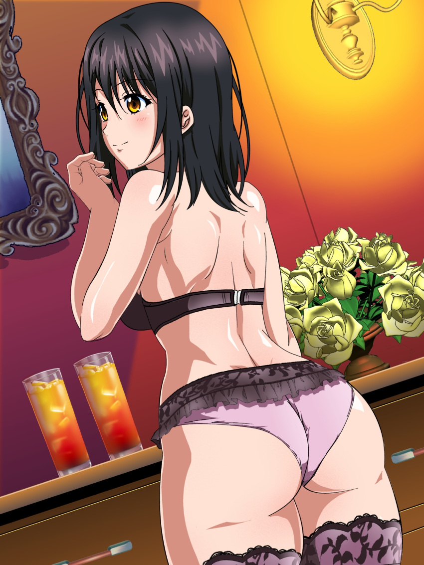 ass black_bra black_hair bra breasts brown_eyes closed_mouth commentary_request cup drinking_glass female flower from_behind hair_between_eyes hand_up highres himeragi_yukina indoors kororofu lace-trimmed_legwear lace_trim lingerie long_hair medium_breasts paid_reward_available panties pink_panties pink_thighhighs shoulder_blades smile solo strike_the_blood thighhighs underwear