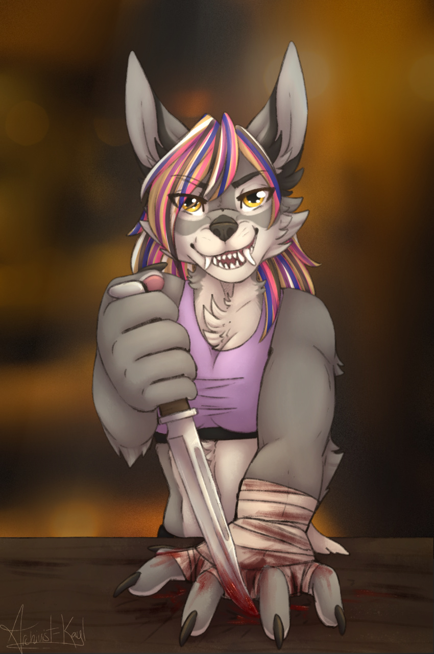 anthro archivist-kayl bandaged_hand blood bodily_fluids bra canid canine canis claws clothing female fur furniture genderfluid_pride_colors gore goretober grey_body grey_fur hair hi_res highlights_(coloring) inktober_2023 knife knife_game lgbt_pride mammal multicolored_hair nekros_(character) nonbinary_(lore) pride_color_hair pride_colors smile solo splayed_fingers sports_bra table underwear wolf