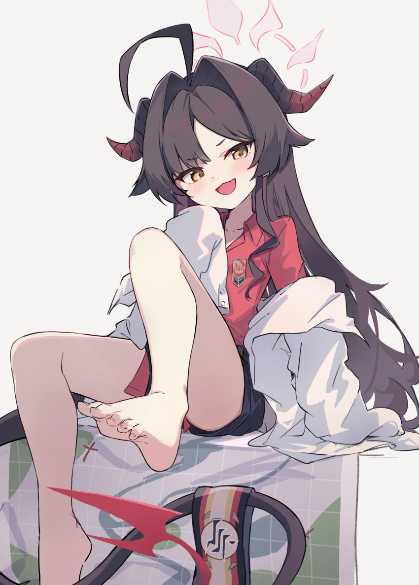 absurdres ahoge barefoot black_hair black_horns black_shorts blue_archive breasts coat demon_horns feet female fujimaki_nora hair_intakes halo highres horns kasumi_(blue_archive) lab_coat long_hair long_tail red_halo red_shirt shirt shirt_tucked_in shorts simple_background sleeves_past_fingers sleeves_past_wrists small_breasts solo tail toes white_background white_coat yellow_eyes