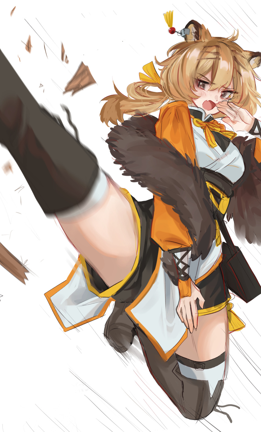 absurdres animal_ear_fluff animal_ears arknights black_footwear black_shorts blush boots breasts brown_eyes brown_hair dress du_yaoye_(arknights) female flying_kick hair_between_eyes hand_up highres kaguura_(kagu) kicking long_sleeves oerba_yun_fang open_mouth pelvic_curtain puffy_long_sleeves puffy_sleeves short_shorts shorts shorts_under_dress small_breasts solo speed_lines thigh_boots thighhighs thighhighs_under_boots tiger_ears tiger_girl white_background white_dress white_thighhighs