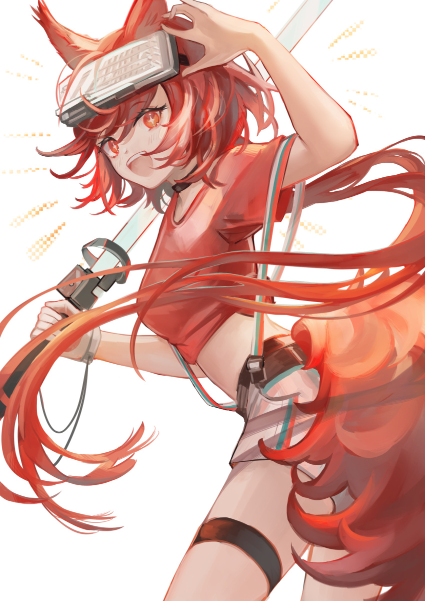 +_+ animal_ears arknights bad_hands belt breasts brown_belt energy_sword female flametail_(arknights) flametail_(sport_for_all)_(arknights) hand_up head-mounted_display hemorina highres holding holding_sword holding_weapon long_hair looking_at_viewer looking_back medium_breasts open_mouth ponytail red_eyes red_hair red_shirt red_tail shading_eyes shirt simple_background skirt solo squirrel_ears squirrel_girl squirrel_tail suspenders sword tail teeth thigh_strap upper_teeth_only weapon white_background white_skirt