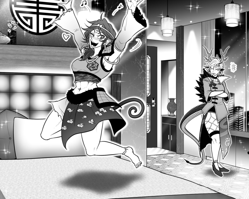 +++ 2girls abs antlers armor armpits barefoot bead_necklace beads bed blush breasts circlet cloud_print commentary_request detached_sleeves dragon_girl dragon_tail earrings flower full_body greyscale half-skirt heart high_heels highres horns hotel_room indoors jewelry jumping jumping_on_bed kicchou_yachie lamp long_bangs looking_at_viewer medium_breasts medium_hair midriff monkey_tail monochrome multiple_girls multiple_rings musical_note navel necklace one_eye_closed open_mouth pauldrons pillow pointy_ears print_skirt ring ryuuichi_(f_dragon) shirt short_bangs short_hair short_sleeves shoulder_armor shoulder_tattoo single_pauldron skirt small_breasts smile socks son_biten sparkle standing tail tattoo touhou turtle_shell vase window