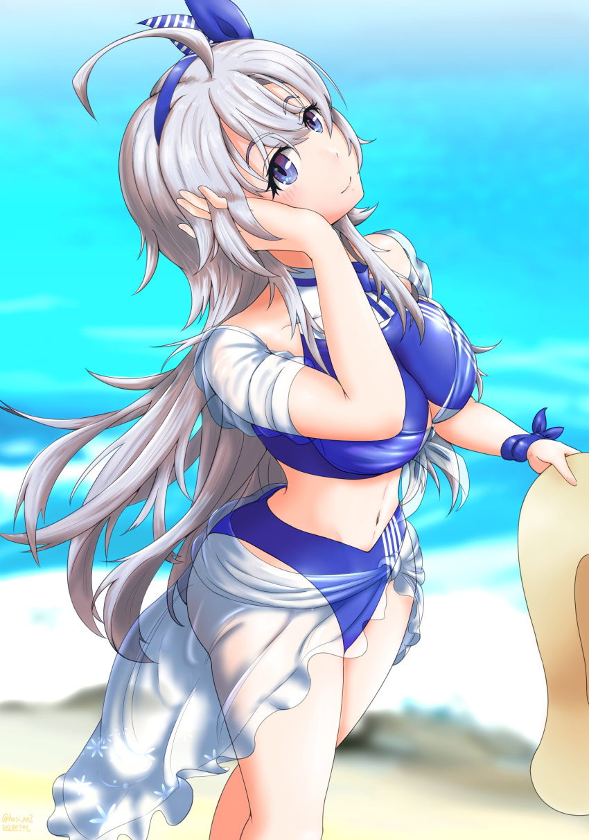 absurdres beach bikini blue_bikini blue_hairband blush breasts day female grey_eyes grey_hair hair_between_eyes hairband hat highres kantai_collection large_breasts long_hair looking_at_viewer ocean official_alternate_costume pp shawl solo sun_hat swimsuit washington_(kancolle) water