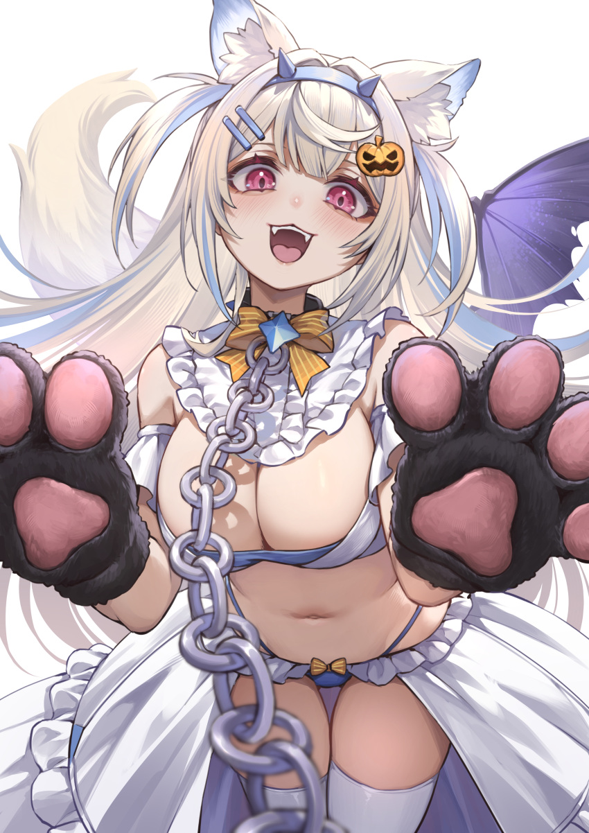 ;p absurdres animal_ear_fluff animal_ears animal_hands blonde_hair blue_hair breasts cleavage curry_bowl dog_ears dog_girl dog_paws dog_tail fangs female fuwawa_abyssgard fuwawa_abyssgard_(1st_costume) hair_ornament hairpin highres hololive hololive_english large_breasts long_hair looking_at_viewer multicolored_fur multicolored_hair navel one_eye_closed pink_eyes solo streaked_hair tail teeth thigh_gap thighhighs tongue tongue_out upper_teeth_only virtual_youtuber white_background white_fur white_thighhighs