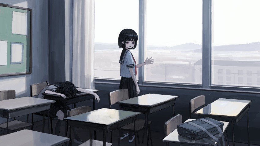 2girls arm_at_side bag black_skirt chair classroom day death desk hand_up highres indoors looking_at_viewer looking_back multiple_girls neckerchief open_mouth original red_neckerchief sailor_collar sakiika0513 school_bag school_chair school_desk school_uniform serafuku shirt shoes short_hair short_sleeves sidelocks sitting skirt smile stab standing uwabaki white_shirt window