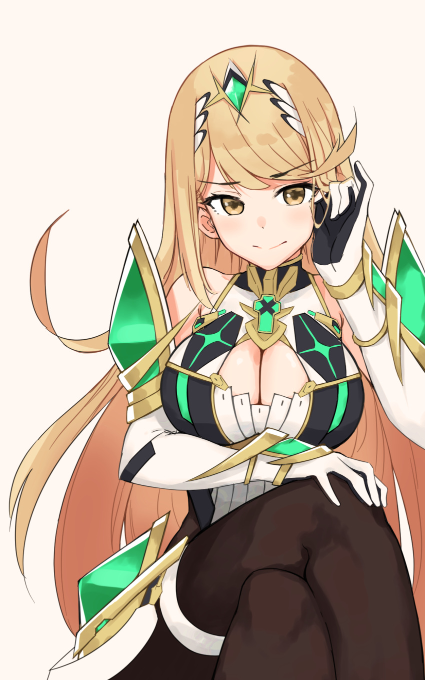 arm_guards bare_shoulders black_pantyhose blonde_hair breasts chest_jewel choker cleavage_cutout clothing_cutout collarbone commentary crossed_legs dress elbow_gloves female gloves highres lace lace_choker large_breasts long_hair microdress mythra_(massive_melee)_(xenoblade) mythra_(xenoblade) oliver_koito pantyhose swept_bangs thigh_strap tiara very_long_hair white_dress white_gloves xenoblade_chronicles_(series) xenoblade_chronicles_2 yellow_eyes