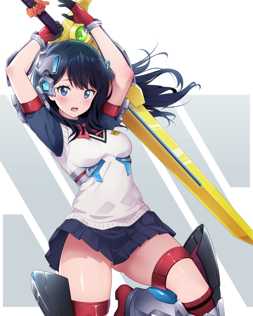 arm_guards armored_boots arms_up ass_visible_through_thighs black_hair black_shirt black_skirt blue_eyes blush boots bow bowtie breasts commentary_request cosplay female floating_hair gloves gridman_(ssss) gridman_(ssss)_(cosplay) gridman_universe gridman_universe_(film) headgear highres holding holding_sword holding_weapon long_hair looking_at_viewer mecha_musume medium_breasts miniskirt nanikairu open_mouth orange_scrunchie paid_reward_available partial_commentary pleated_skirt red_bow red_bowtie school_uniform scrunchie shirt short_sleeves skirt solo sweater_vest sword takarada_rikka weapon white_sweater_vest