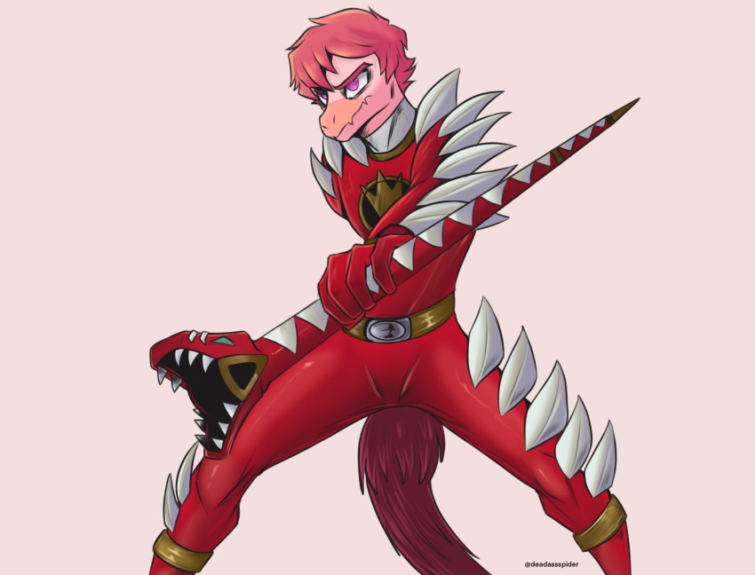 5_fingers action_pose alternate_costume anthro bodysuit clothing cosplay deadassspider dinosaur dromaeosaurid extinct feathered_dinosaur feathered_scalie feathers fingers goodbye_volcano_high hair hi_res holding_object holding_staff male narrowed_eyes pink_body pink_hair pose power_rangers power_rangers_dino_thunder prehistoric_species purple_eyes red_body red_clothing red_feathers red_ranger reed_(gvh) reptile scalie simple_background skinsuit solo spiked_clothing spikes spread_legs spreading staff superhero_costume tail tail_feathers theropod tight_clothing velociraptor