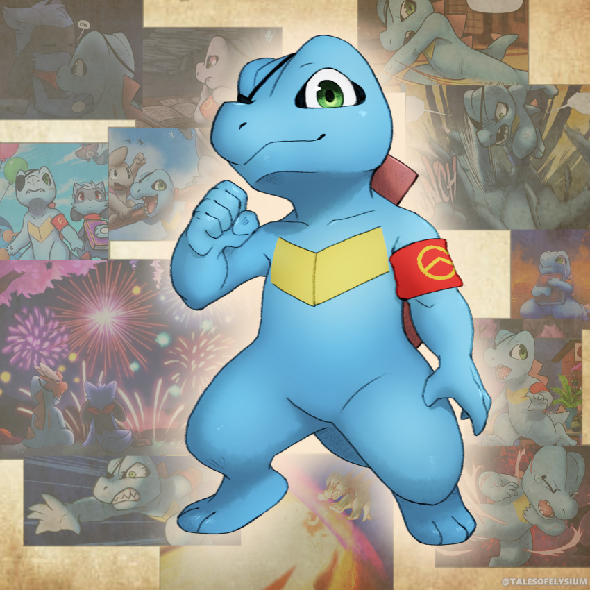 1:1 2023 5_fingers anthro biped blue_body duo eye_patch eyewear fingers fireworks generation_2_pokemon generation_4_pokemon green_eyes haychel hi_res leon_(haychel) male nintendo pokemon pokemon_(species) riolu scalie tail totodile vagus_(haychel)