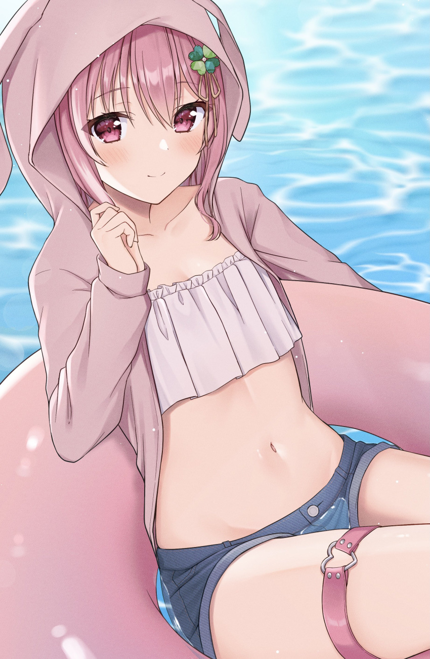 absurdres animal_ears animal_hood bikini blue_shorts closed_mouth commission female hair_ornament highres hood long_hair mochiko_(uyu_omochi) navel original pink_hair pink_hood pink_innertube rabbit_ears rabbit_hood shorts skeb_commission smile solo stomach swimsuit