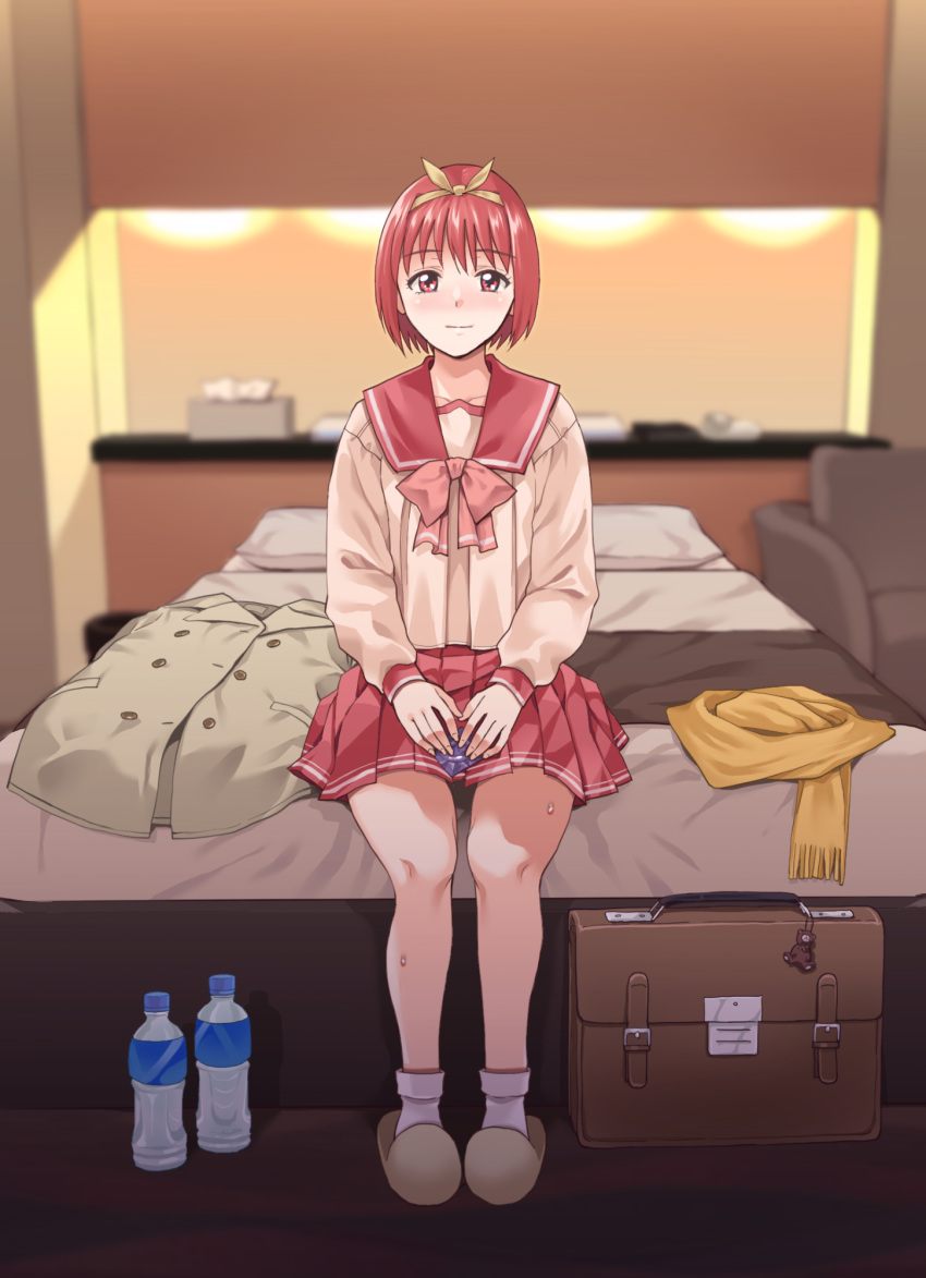 bag_charm blurry blurry_background blush bob_cut bottle bow charm_(object) coat comiket_102 condom female full_body hair_ribbon highres humiyou indoors kamigishi_akari looking_at_viewer love_hotel on_bed pink_bow pink_eyes pink_hair pink_skirt ribbon scarf school_uniform serafuku shirt short_hair sitting skirt slippers solo suitcase tissue_box to_heart to_heart_(series) uniform unworn_coat unworn_scarf water_bottle white_shirt yellow_ribbon yellow_scarf