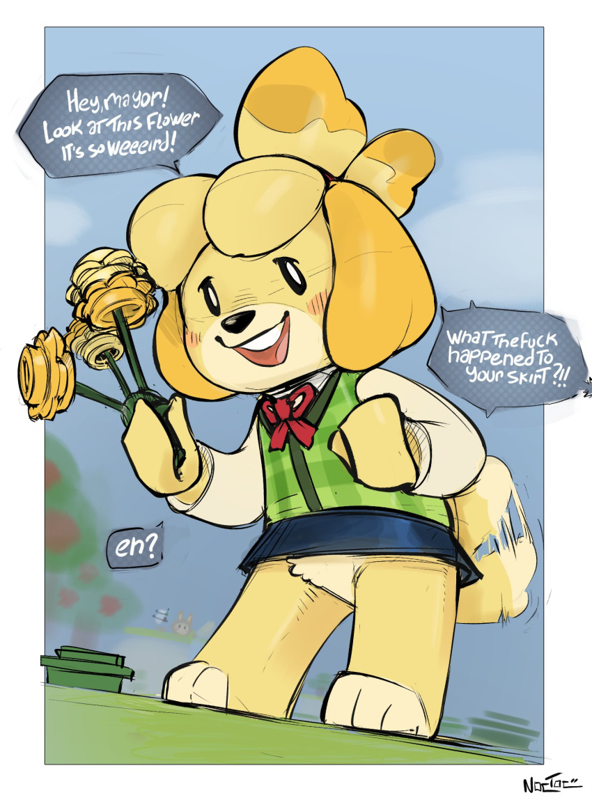 2023 animal_crossing anthro black_nose blonde_hair bottomless bottomwear bunnie_(animal_crossing) canid canine canis clothed clothing crotch_tuft dialogue digital_media_(artwork) domestic_dog english_text featureless_crotch female flower fur hair hi_res humor isabelle_(animal_crossing) lego lego_brick lego_minifigure looking_at_viewer mammal microskirt miniskirt nintendo no_underwear noctoc offscreen_character outside plant profanity shih_tzu skirt smile solo speech_bubble standing talking_to_another text topwear toy_dog tuft upskirt vest yellow_body yellow_fur