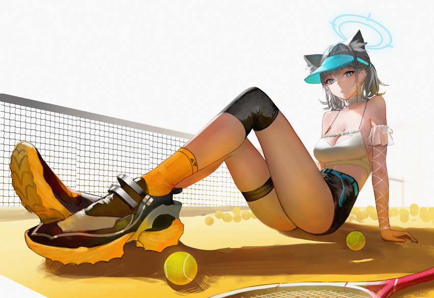 alternate_costume animal_ears ass ball black_footwear blue_archive blue_eyes blue_halo breasts cleavage extra_ears female ganet_p grey_hair halo highres medium_breasts medium_hair racket shiroko_(blue_archive) shoes sitting solo tennis_ball tennis_net tennis_racket thigh_strap wolf_ears