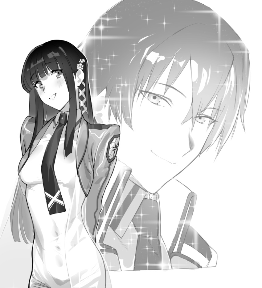 1boy arms_behind_back blunt_bangs blush breasts brocon closed_mouth coat collared_dress commentary_request covered_navel cowboy_shot cropped_shoulders dress female greyscale grin hair_ornament head_tilt highres impossible_clothes impossible_dress long_sleeves looking_at_viewer mahouka_koukou_no_rettousei medium_breasts monochrome necktie open_clothes open_coat projected_inset see-through see-through_coat shiba_miyuki shiba_tatsuya sidelocks simple_background skin_tight smile soosaresu sparkle